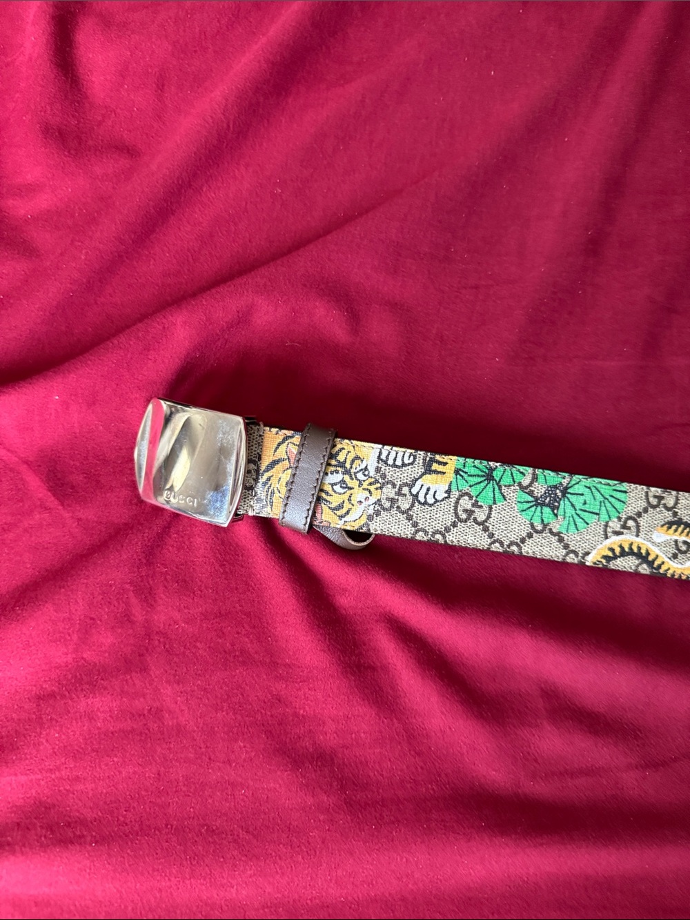 Gucci GG Canvas Floral Belt with Silver Buckle — Green and Brown Accents